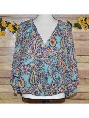 Veronica M. Ladies Paisley Faux Wrap V-Neck Blouse Top Size L Boho Colorful